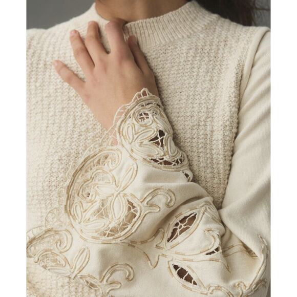 Anthropologie Textured Eyelet Twofer Sweater Vest Top Embroidered Beige Sz M - Picture 2 of 16